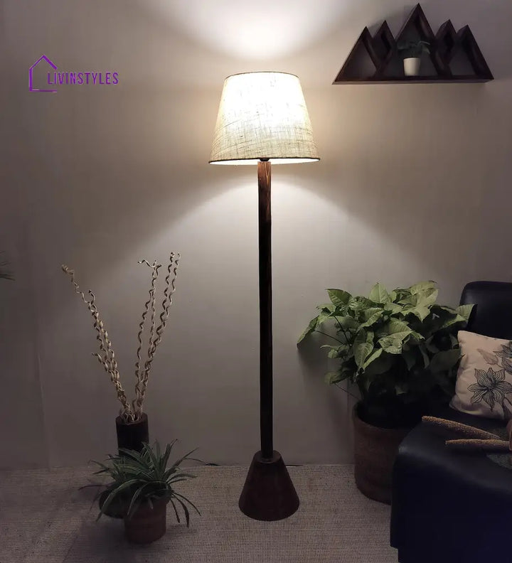 Brice Wooden Floor Lamp With Brown Base And Jute Fabric Lampshade Lamps