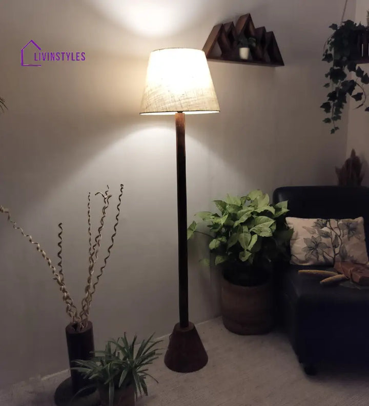 Brice Wooden Floor Lamp With Brown Base And Jute Fabric Lampshade Lamps