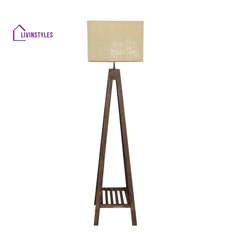 Brielle Wooden Floor Lamp With Brown Base And Beige Fabric Lampshade Lamps