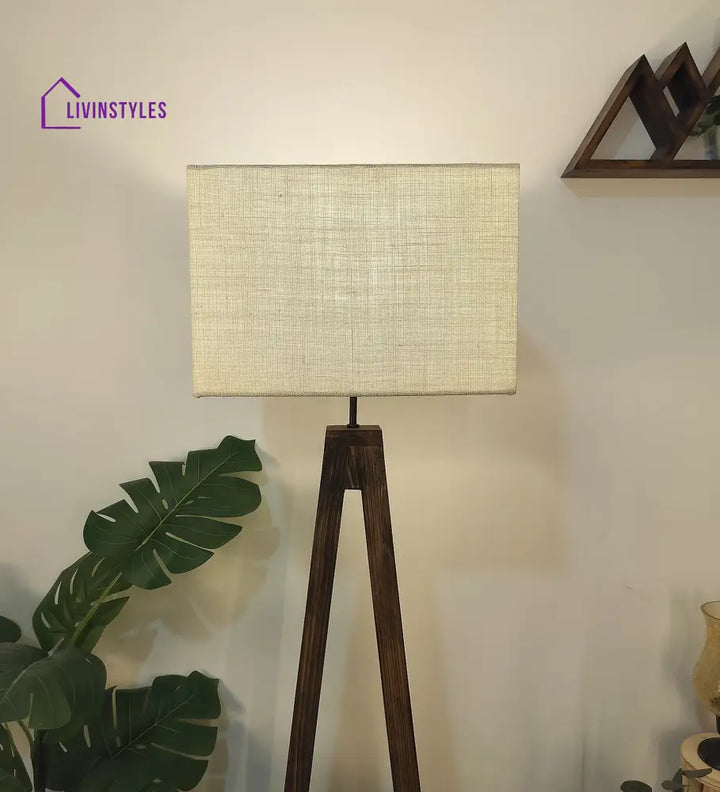 Brielle Wooden Floor Lamp With Brown Base And Beige Fabric Lampshade Lamps