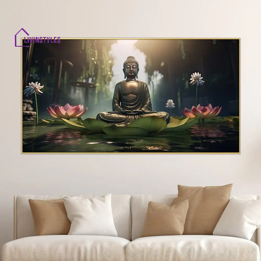 Buddha Seated On Vibrant Lotus Wall Painting