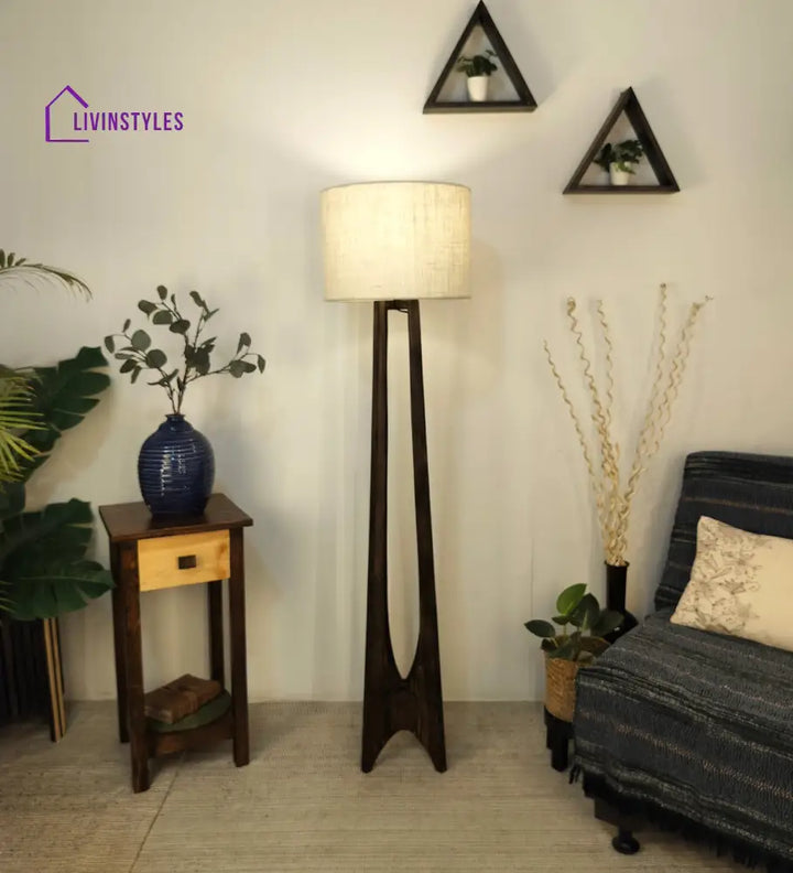 Camille Wooden Floor Lamp With Brown Base And Jute Fabric Lampshade Lamps