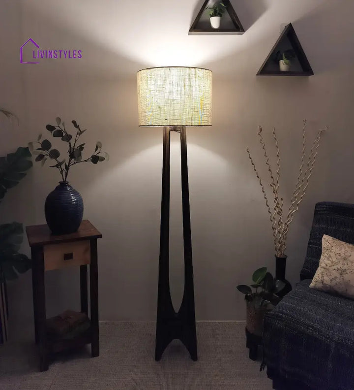 Camille Wooden Floor Lamp With Brown Base And Jute Fabric Lampshade Lamps