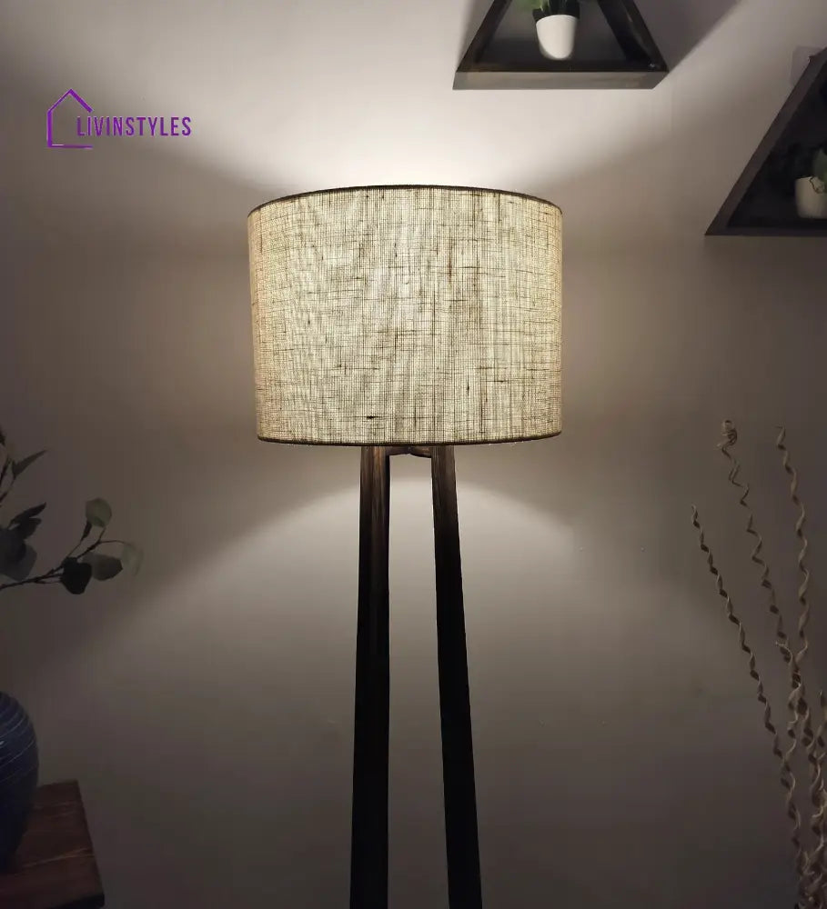 Camille Wooden Floor Lamp With Brown Base And Jute Fabric Lampshade Lamps