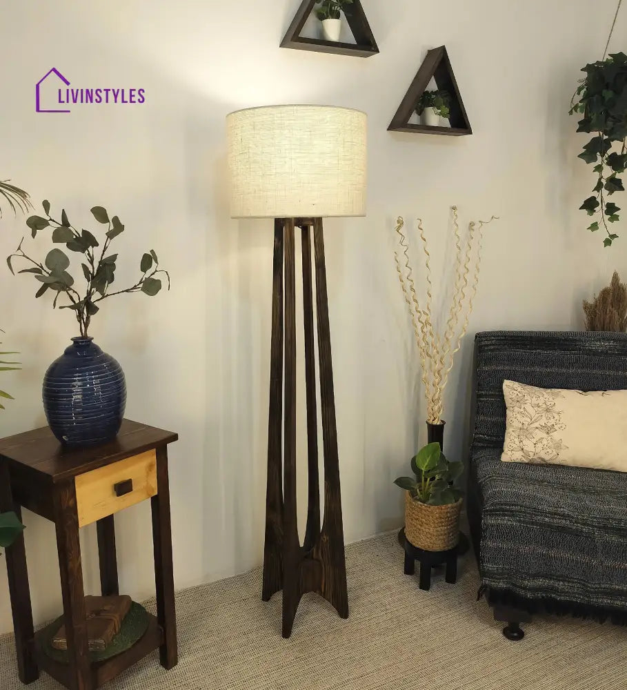 Camille Wooden Floor Lamp With Brown Base And Jute Fabric Lampshade Lamps