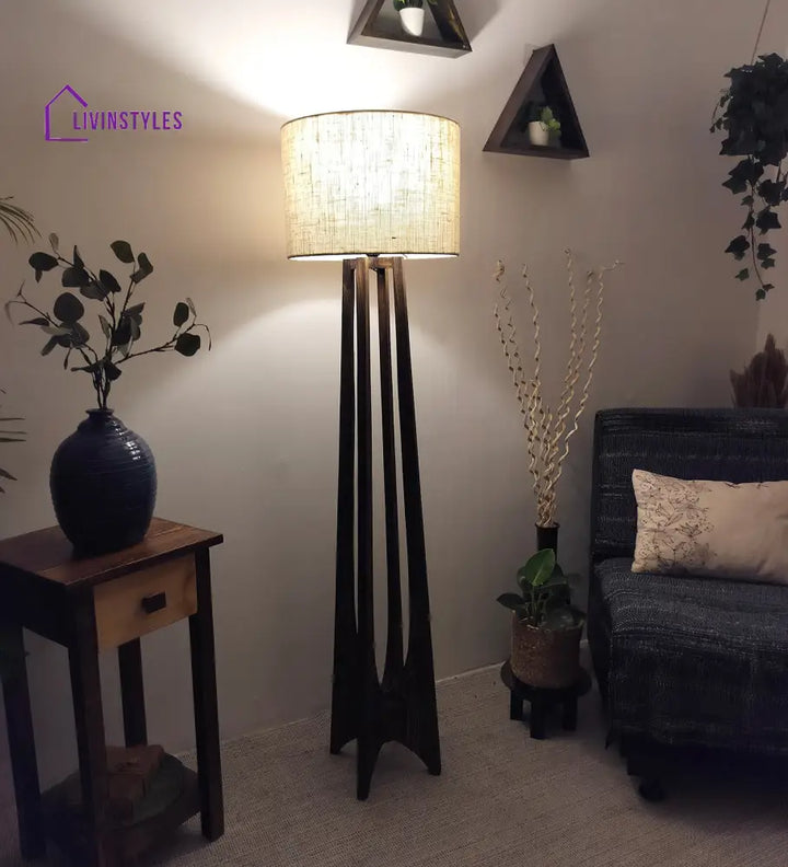 Camille Wooden Floor Lamp With Brown Base And Jute Fabric Lampshade Lamps