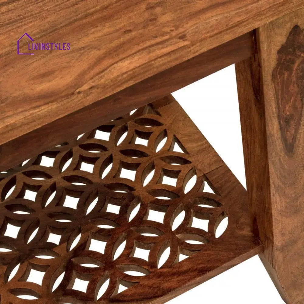 Carved Net Side Table In Honey Finish