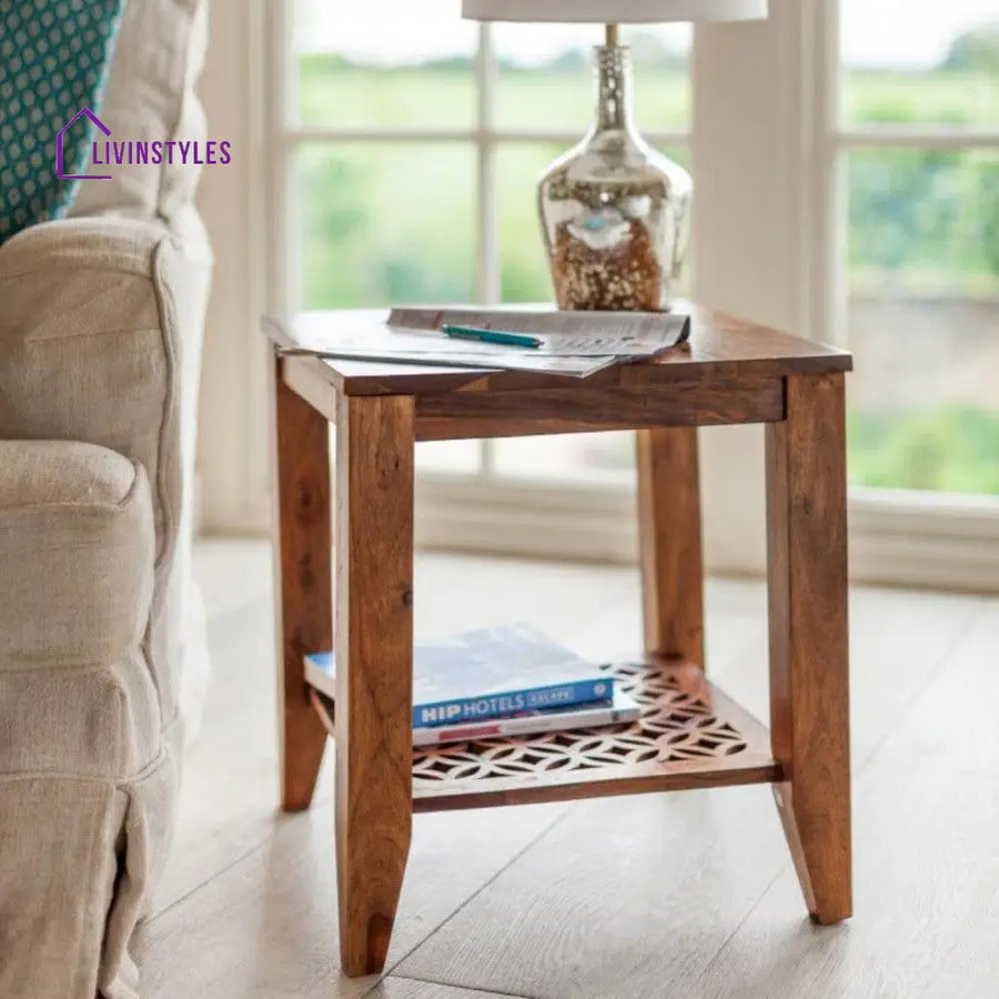 Carved Net Side Table In Honey Finish