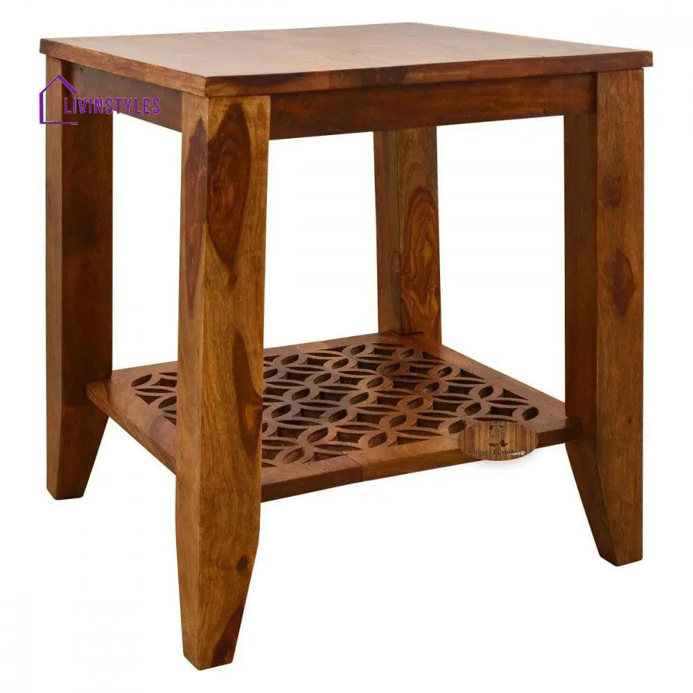 Carved Net Side Table In Honey Finish