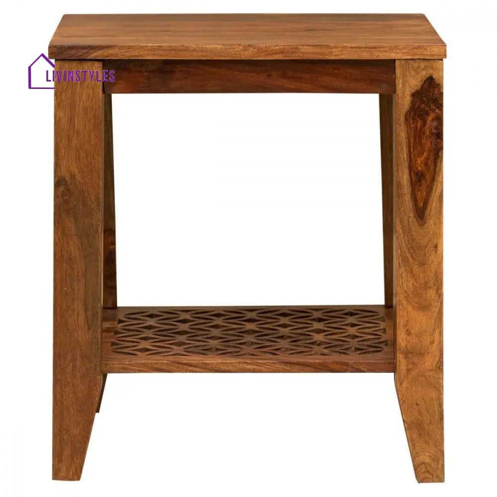 Carved Net Side Table In Honey Finish