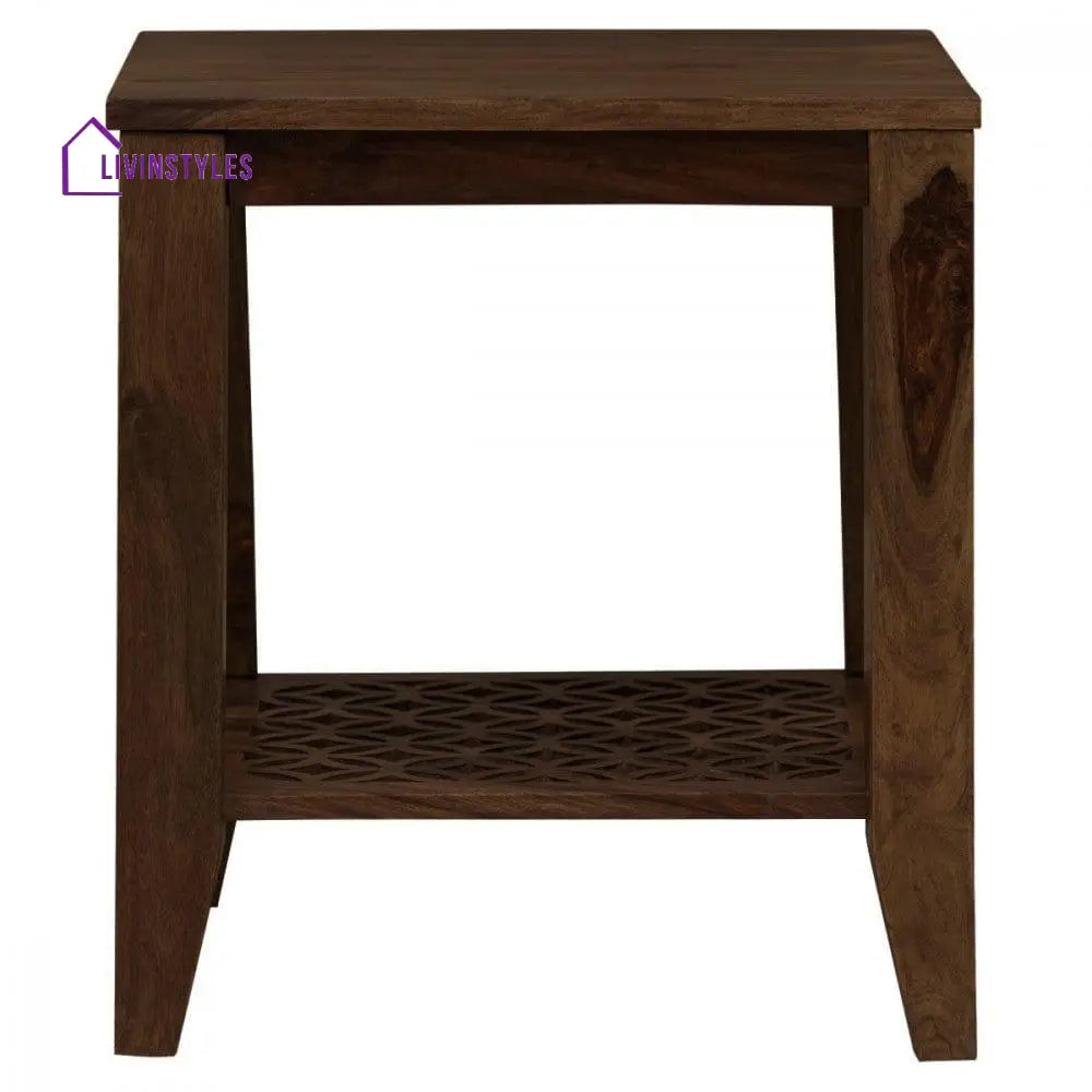 Carved Net Side Table In Walnut Finish