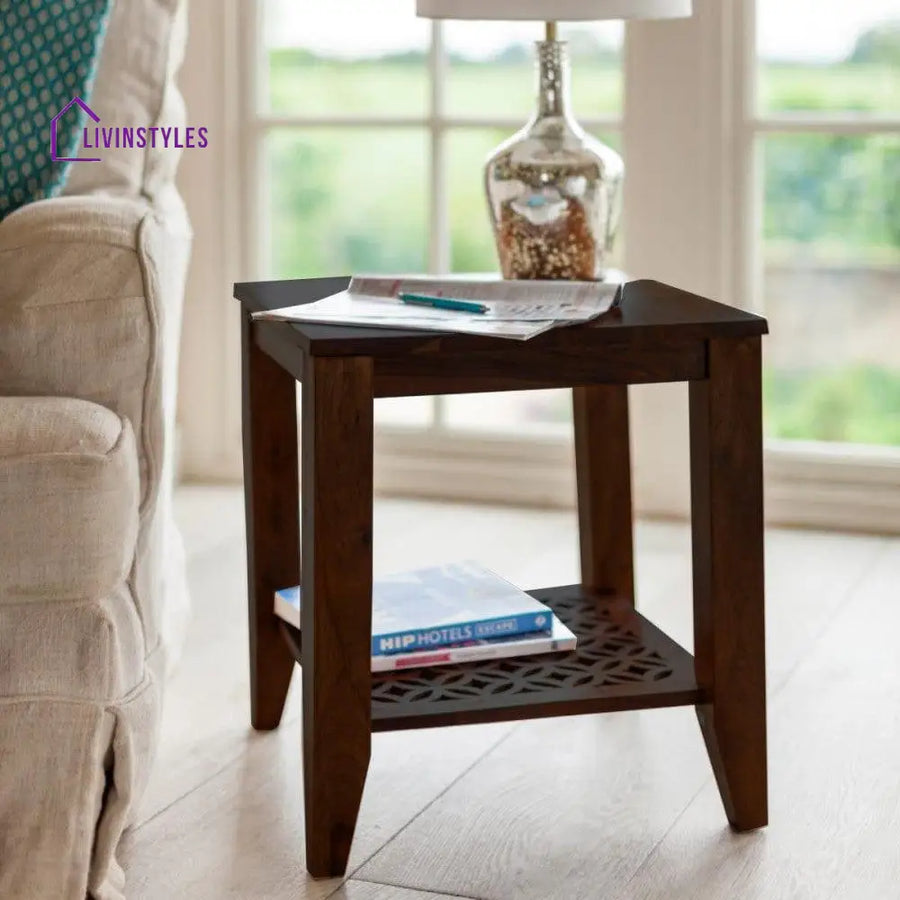 Carved Net Side Table In Walnut Finish