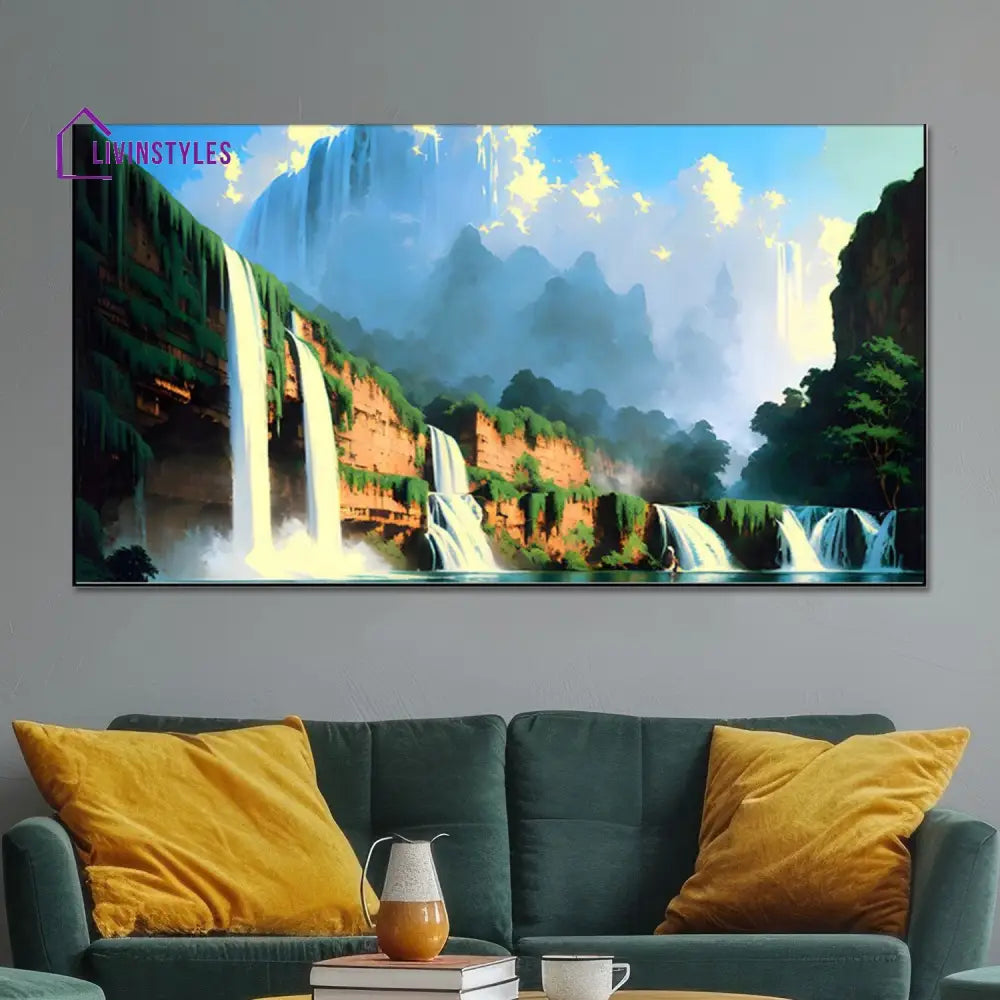 Cascading Waterfall In Lush Greenery Wall Painting