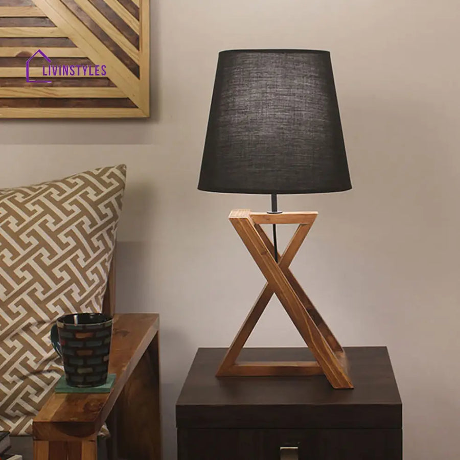 Catapult Brown Wooden Table Lamp With Black Fabric Lampshade Lamps