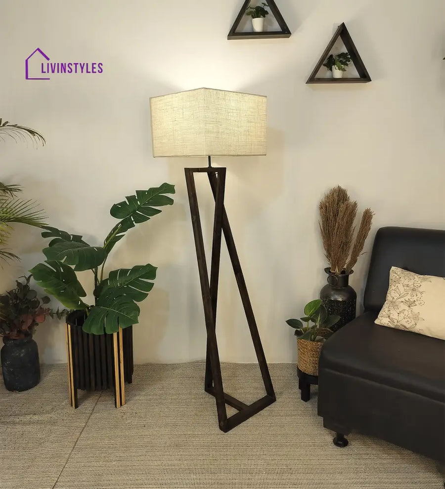 Catapult Wooden Floor Lamp With Brown Base And Premium Beige Fabric Lampshade Lamps