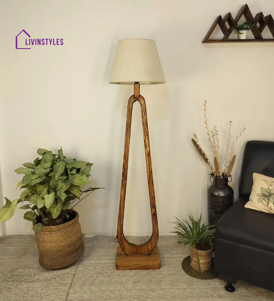 Cavern Wooden Floor Lamp With Brown Base And Jute Fabric Lampshade Lamps