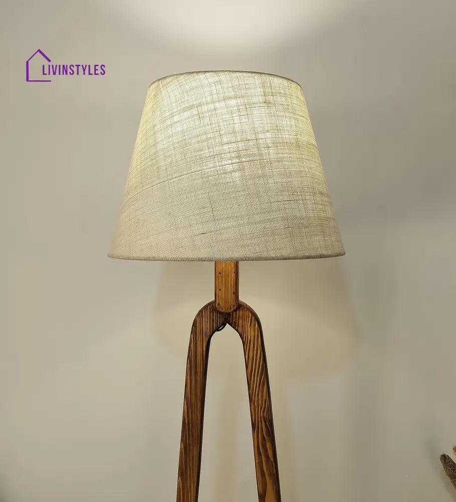 Cavern Wooden Floor Lamp With Brown Base And Jute Fabric Lampshade Lamps