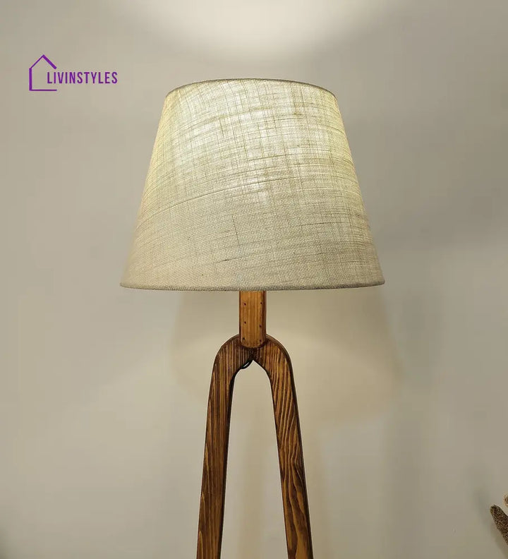 Cavern Wooden Floor Lamp With Brown Base And Jute Fabric Lampshade Lamps