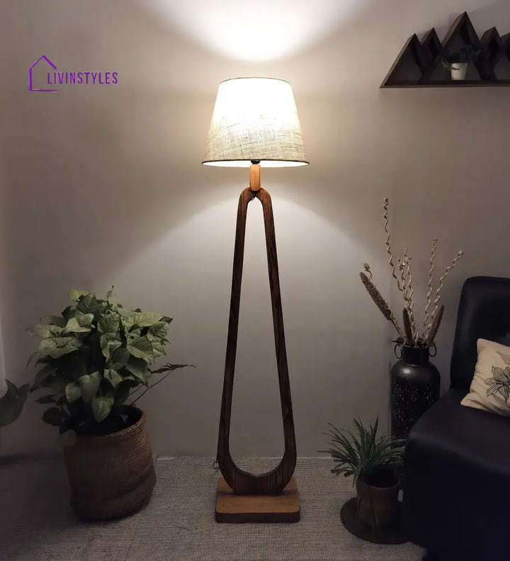 Cavern Wooden Floor Lamp With Brown Base And Jute Fabric Lampshade Lamps