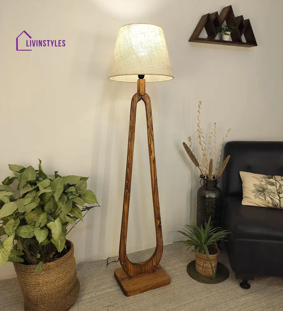 Cavern Wooden Floor Lamp With Brown Base And Jute Fabric Lampshade Lamps