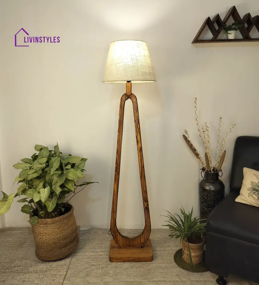 Cavern Wooden Floor Lamp With Brown Base And Jute Fabric Lampshade Lamps