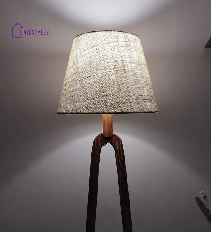 Cavern Wooden Floor Lamp With Brown Base And Jute Fabric Lampshade Lamps