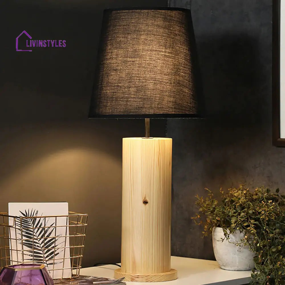 Cedar Beige Wooden Table Lamp With Black Fabric Lampshade Lamps