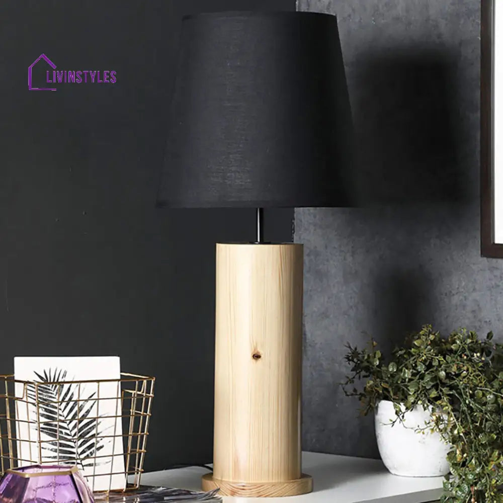 Cedar Beige Wooden Table Lamp With Black Fabric Lampshade Lamps