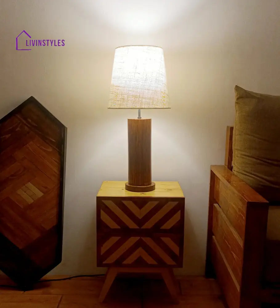 Cedar Brown Wooden Table Lamp With White Fabric Lampshade Lamps