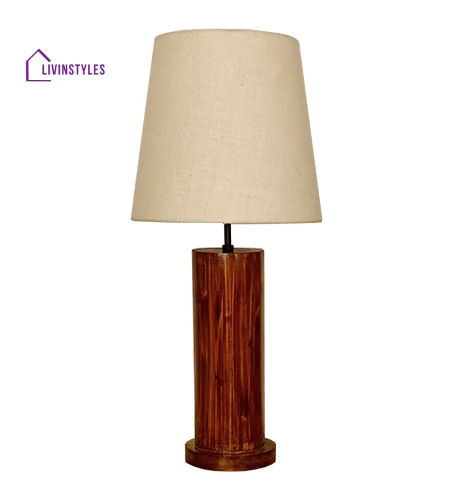 Cedar Brown Wooden Table Lamp With White Fabric Lampshade Lamps