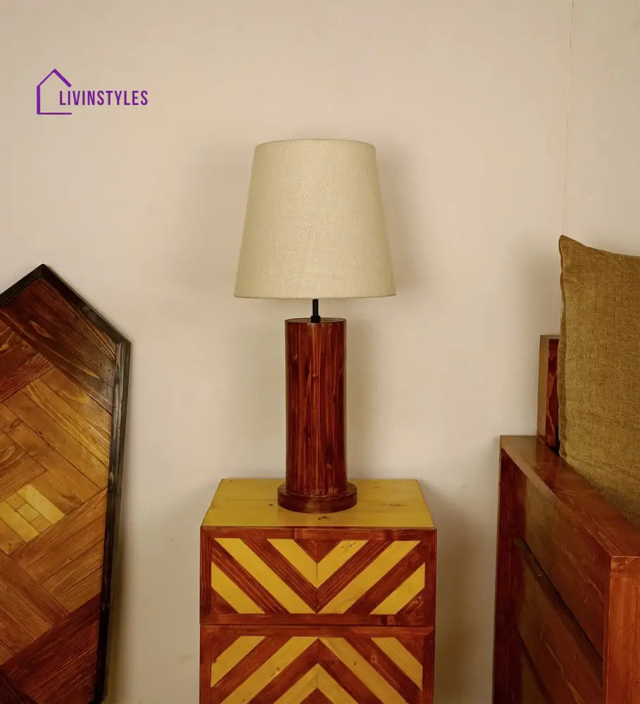 Cedar Brown Wooden Table Lamp With White Fabric Lampshade Lamps