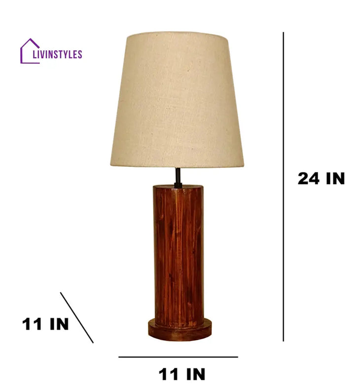 Cedar Brown Wooden Table Lamp With White Fabric Lampshade Lamps