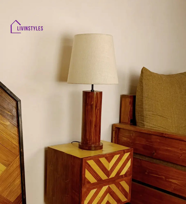 Cedar Brown Wooden Table Lamp With White Fabric Lampshade Lamps