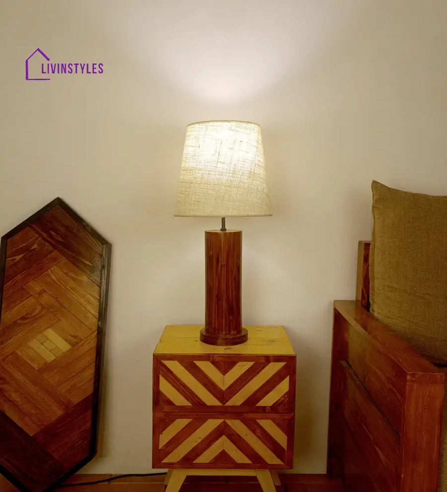 Cedar Brown Wooden Table Lamp With White Fabric Lampshade Lamps