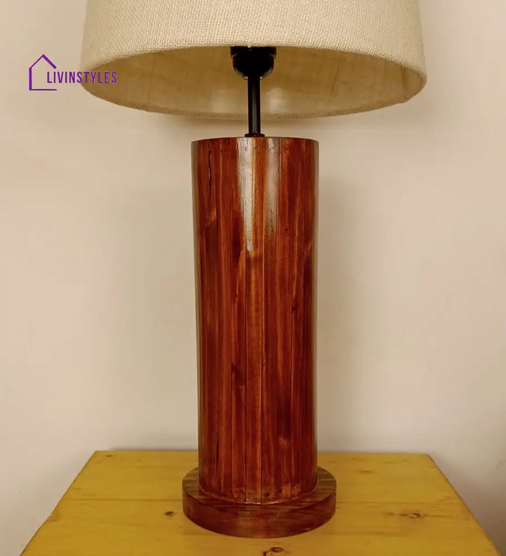 Cedar Brown Wooden Table Lamp With White Fabric Lampshade Lamps