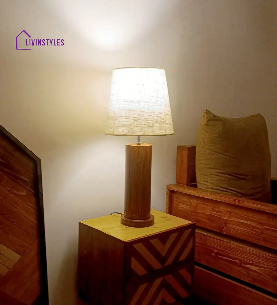 Cedar Brown Wooden Table Lamp With White Fabric Lampshade Lamps