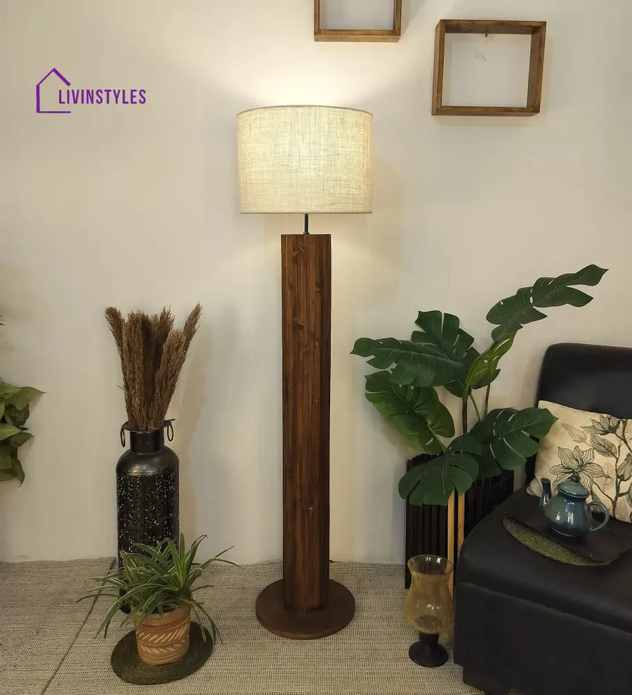 Cedar Wooden Floor Lamp With Brown Base And Beige Fabric Lampshade Lamps