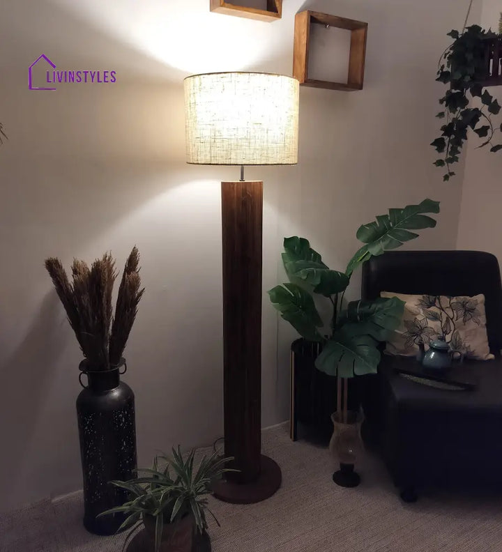 Cedar Wooden Floor Lamp With Brown Base And Beige Fabric Lampshade Lamps