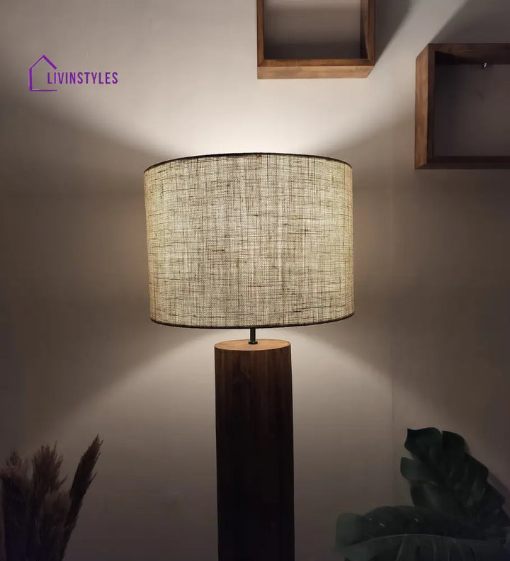 Cedar Wooden Floor Lamp With Brown Base And Beige Fabric Lampshade Lamps