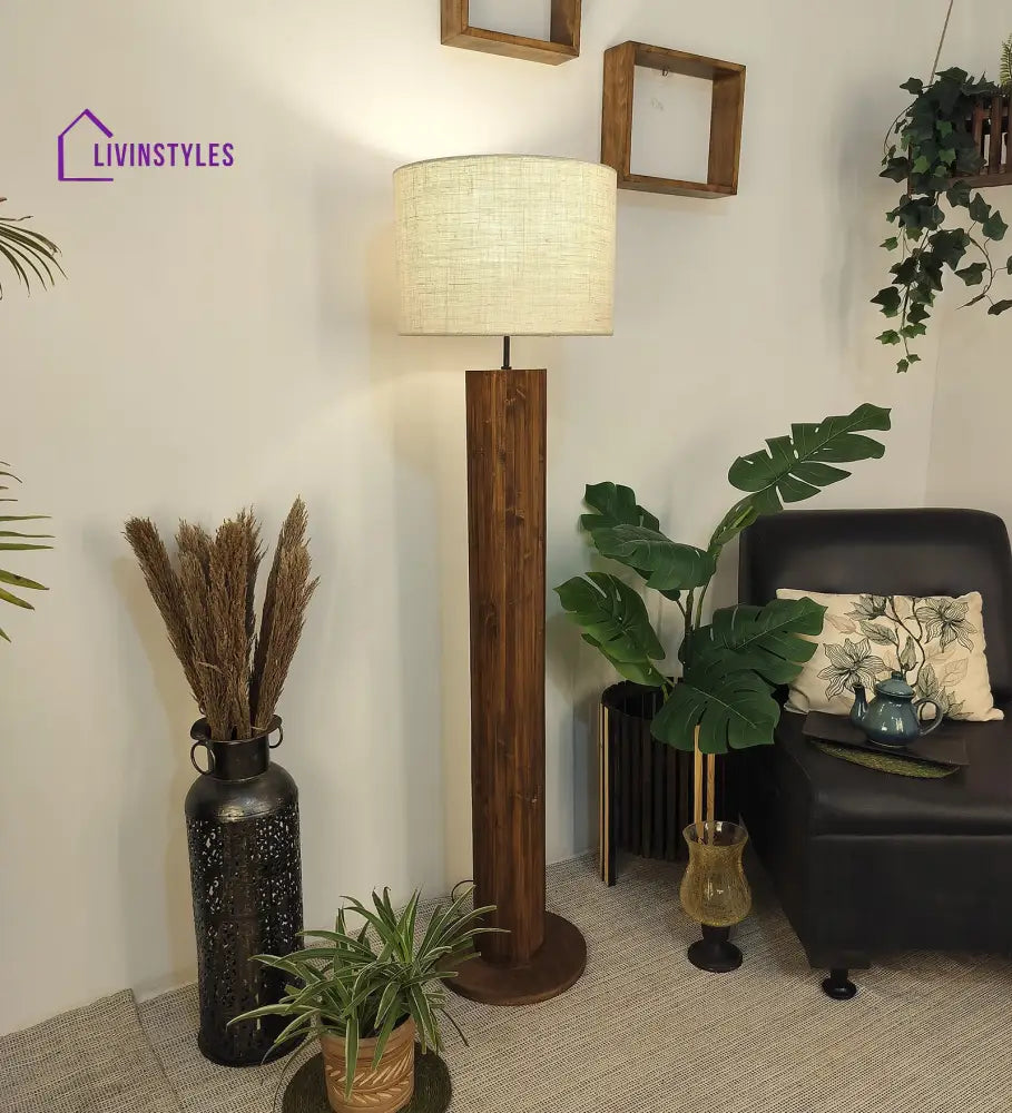 Cedar Wooden Floor Lamp With Brown Base And Beige Fabric Lampshade Lamps