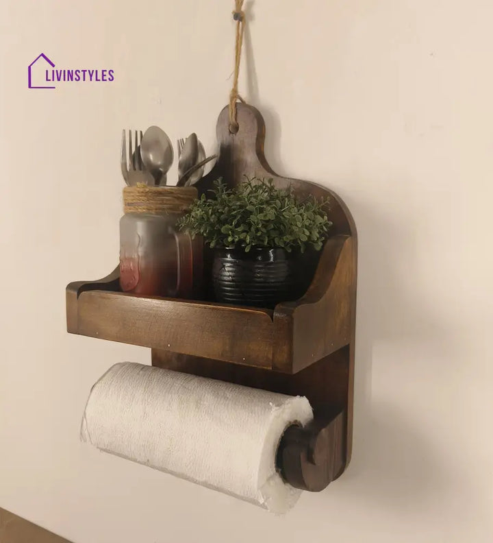 Celia Wooden Wall Shelf Organiser With Kitchen Roll Holder