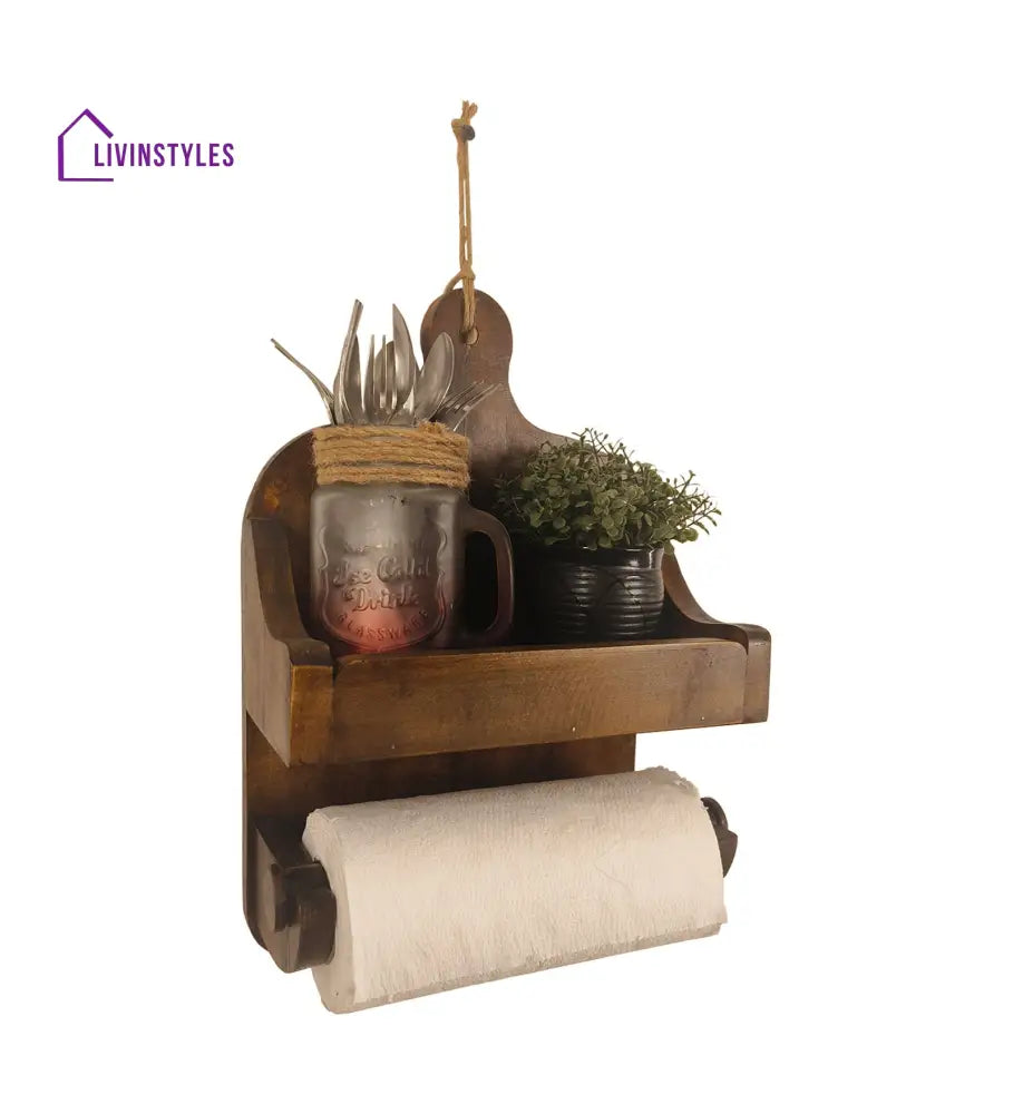 Celia Wooden Wall Shelf Organiser With Kitchen Roll Holder