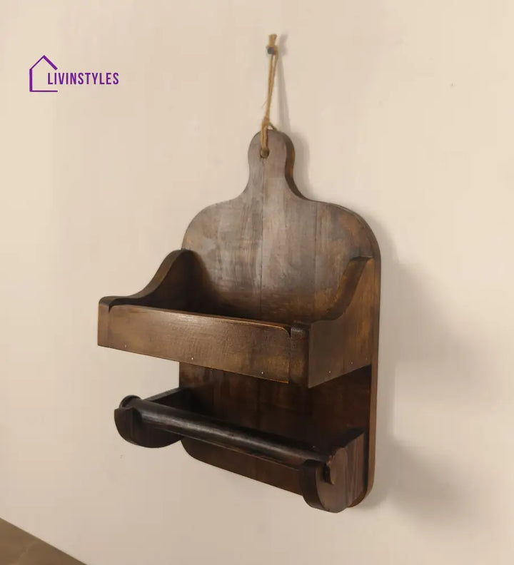 Celia Wooden Wall Shelf Organiser With Kitchen Roll Holder