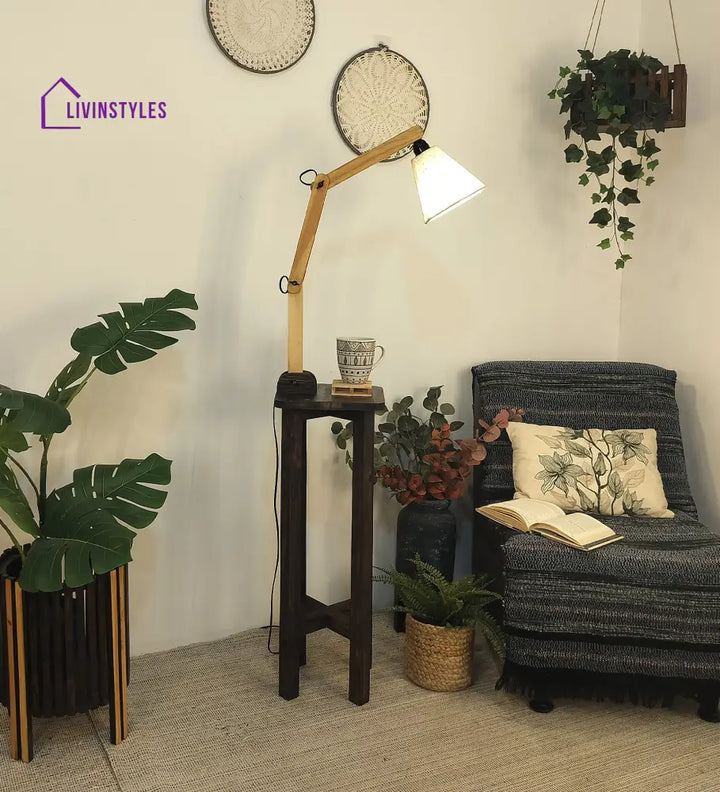 Centaur Wooden Floor Lamp With Beige Fabric Lampshade Lamps