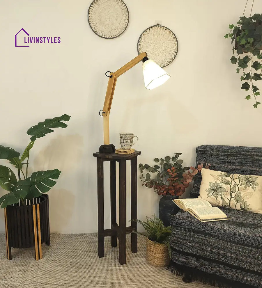 Centaur Wooden Floor Lamp With Beige Fabric Lampshade Lamps