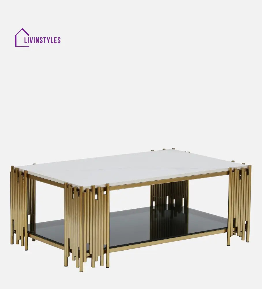 Chandan Metal Coffee Table In Golden Finish With Marble Top