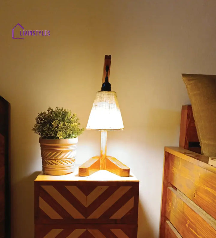 Charles Brown Wooden Table Lamp With White Jute Lampshade Lamps