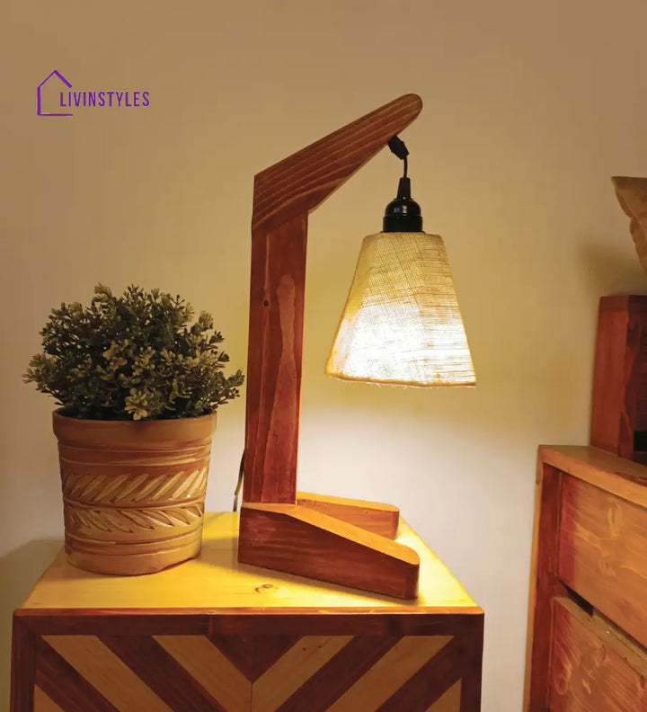 Charles Brown Wooden Table Lamp With White Jute Lampshade Lamps