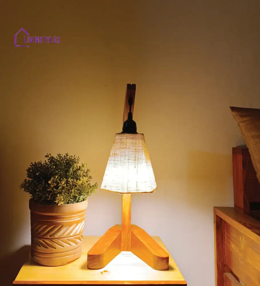 Charles Brown Wooden Table Lamp With White Jute Lampshade Lamps