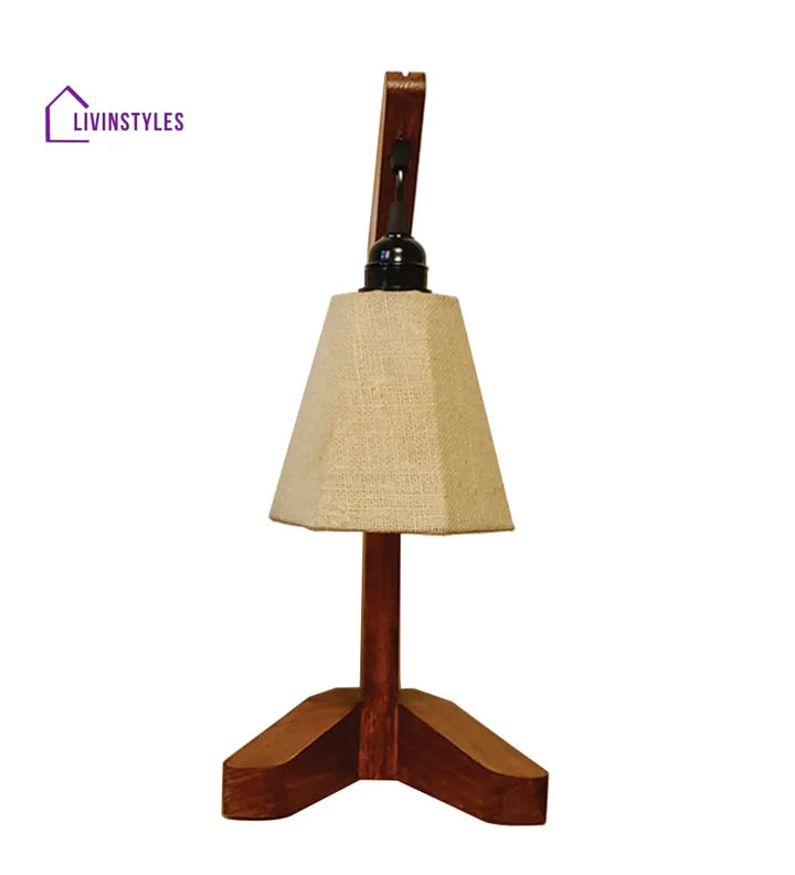 Charles Brown Wooden Table Lamp With White Jute Lampshade Lamps